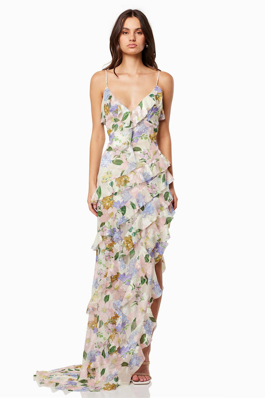 Floral V-Neck Frill Slip Maxi Dress