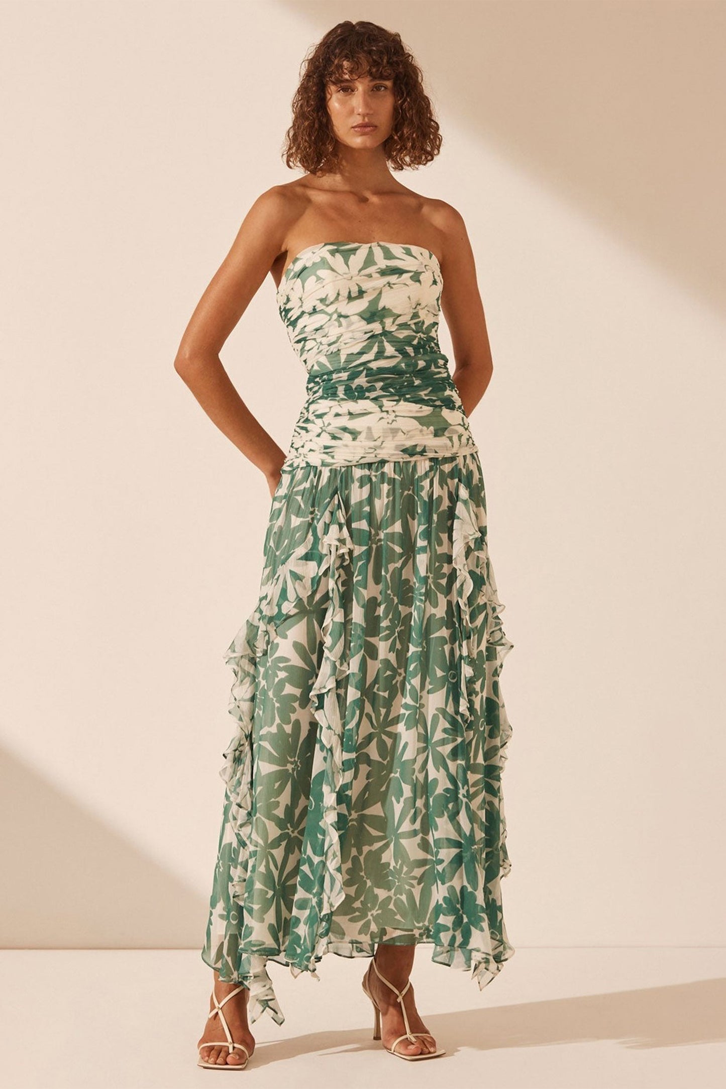 Floral Ruched Strapless Midi Dress