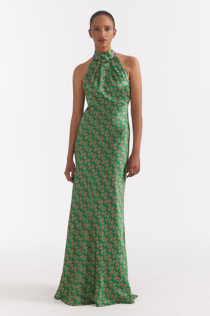 Emerald Reed Print Halter Neck Sleeveless Maxi Dress