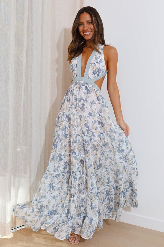 Floral Cut-Out Backless Maxi Dress