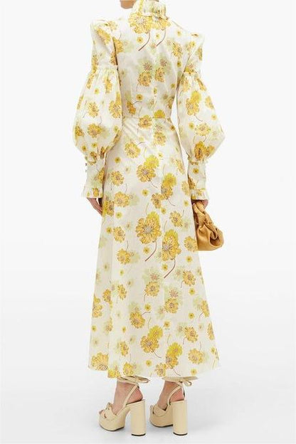 Floral Stand Collar Lantern Sleeve Maxi Dress