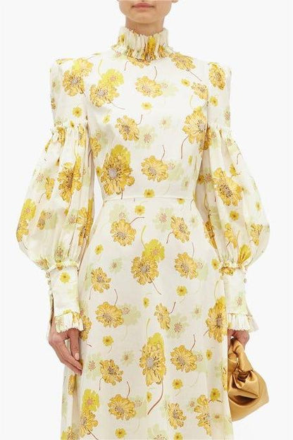 Floral Stand Collar Lantern Sleeve Maxi Dress