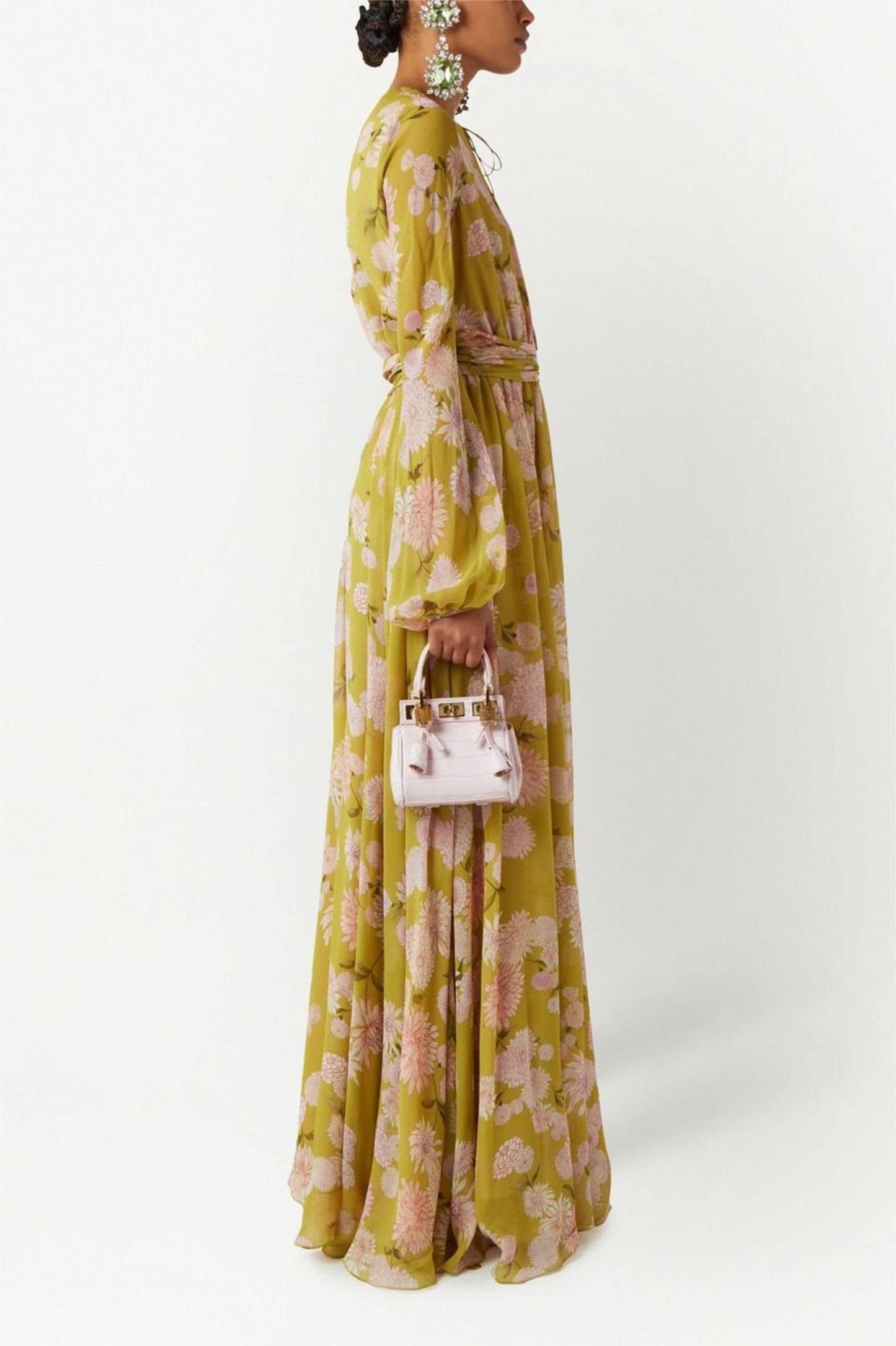 Floral Lace Up Puff Sleeve Maxi Dress