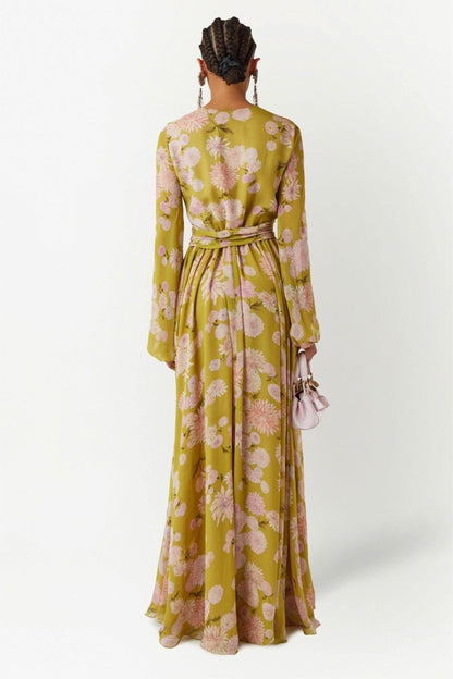 Floral Lace Up Puff Sleeve Maxi Dress