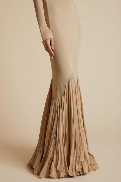 Cowl Neckline Pleat Long Sleeve Maxi Dress