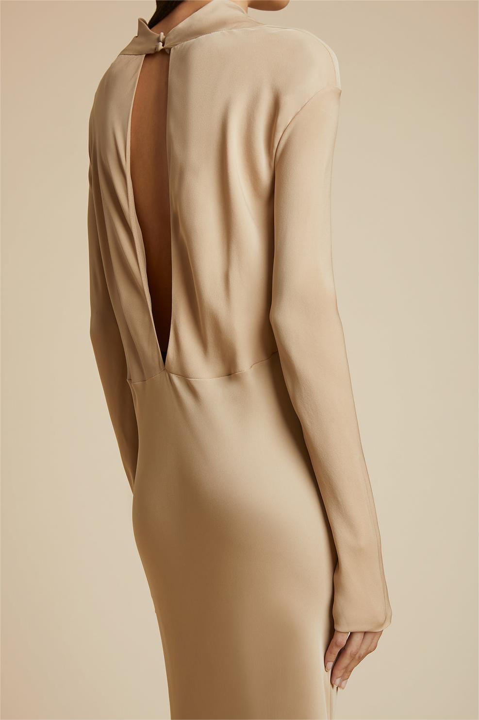 Cowl Neckline Pleat Long Sleeve Maxi Dress