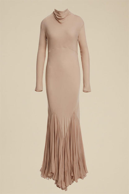 Cowl Neckline Pleat Long Sleeve Maxi Dress