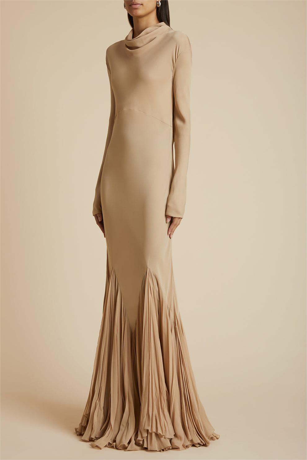 Cowl Neckline Pleat Long Sleeve Maxi Dress