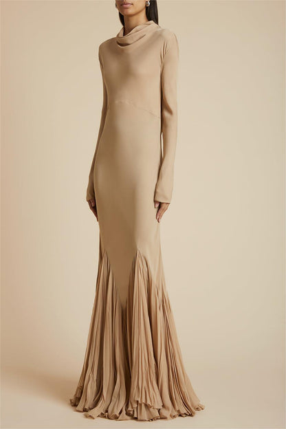 Cowl Neckline Pleat Long Sleeve Maxi Dress