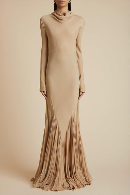 Cowl Neckline Pleat Long Sleeve Maxi Dress