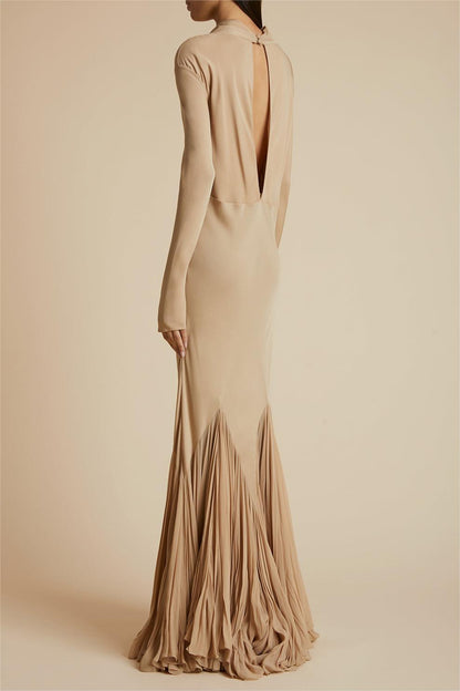 Cowl Neckline Pleat Long Sleeve Maxi Dress