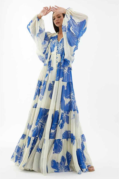 Floral Print Long Sleeve V-Neck Maxi Dress