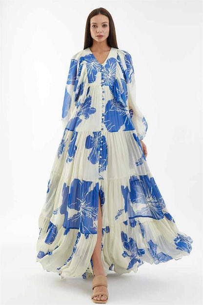 Floral Print Long Sleeve V-Neck Maxi Dress