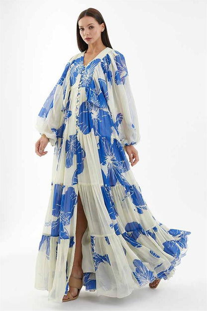 Floral Print Long Sleeve V-Neck Maxi Dress