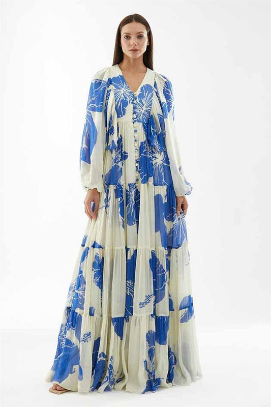 Floral Print Long Sleeve V-Neck Maxi Dress