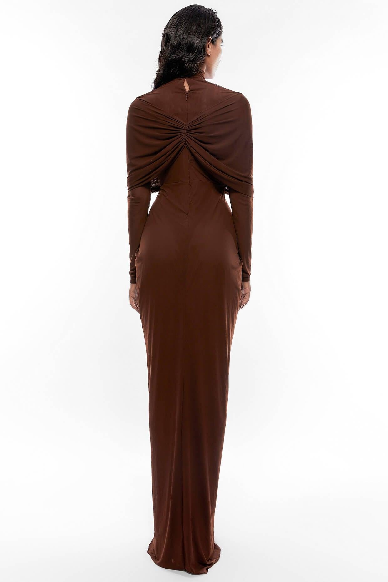 Jersey Solid Ruched Long Sleeve Maxi Dress