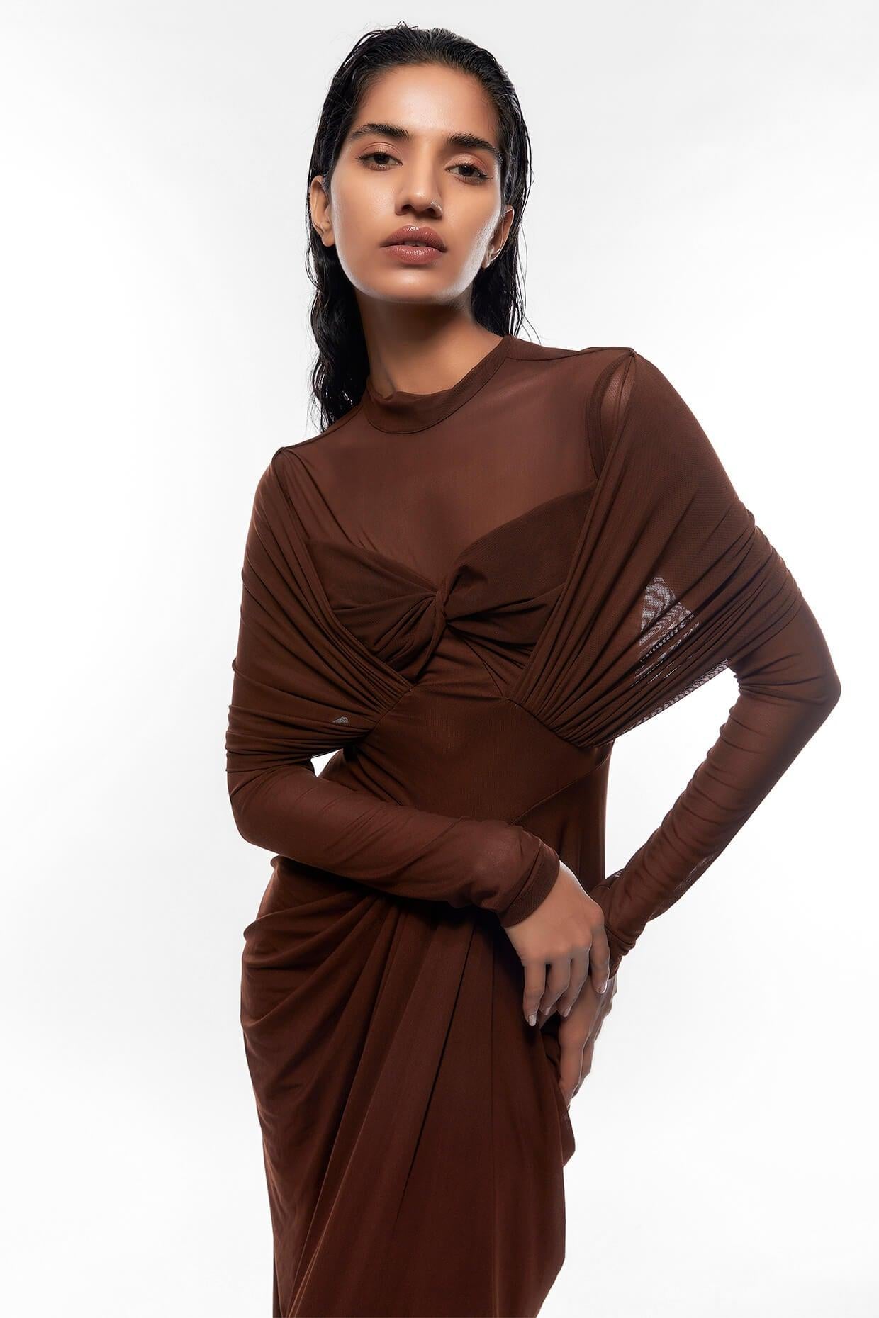 Jersey Solid Ruched Long Sleeve Maxi Dress