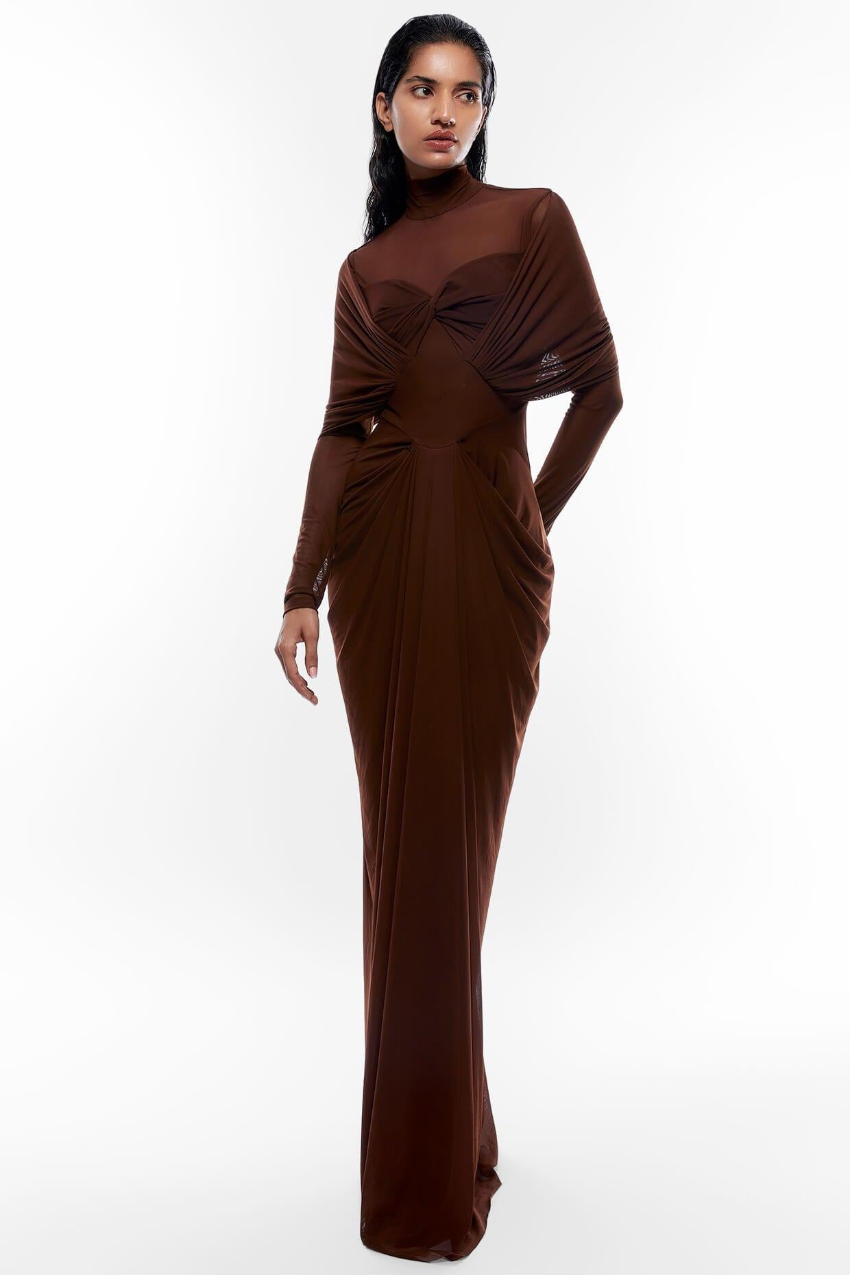 Jersey Solid Ruched Long Sleeve Maxi Dress