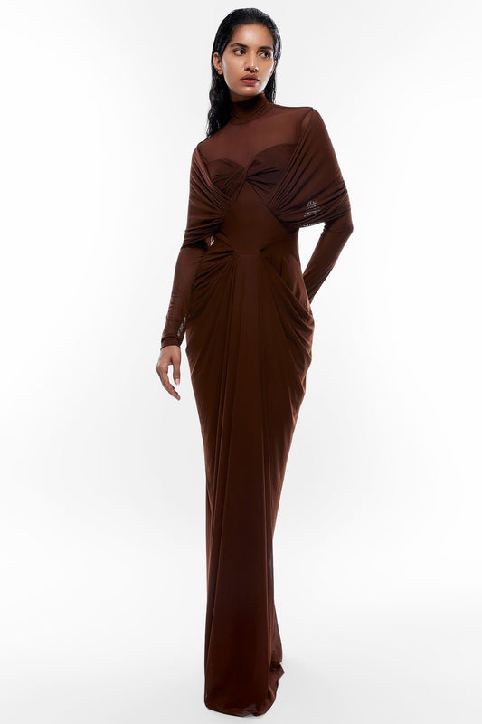 Jersey Solid Ruched Long Sleeve Maxi Dress