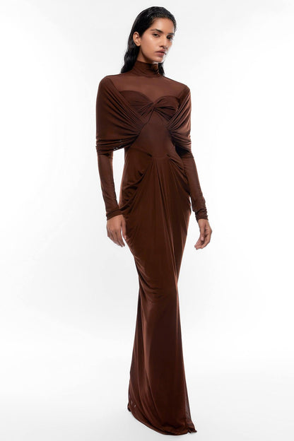 Jersey Solid Ruched Long Sleeve Maxi Dress