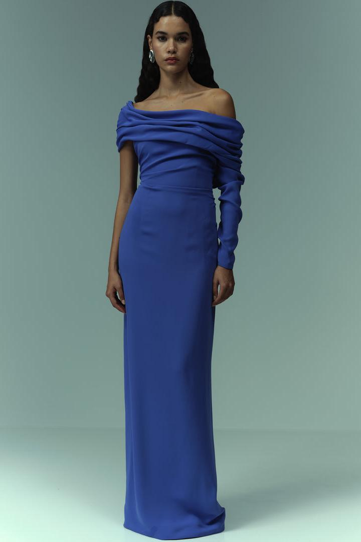 Solid Off-Shoulder Ruched Maxi Dress