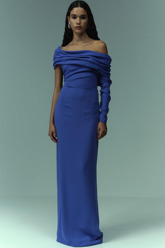 Solid Off-Shoulder Ruched Maxi Dress