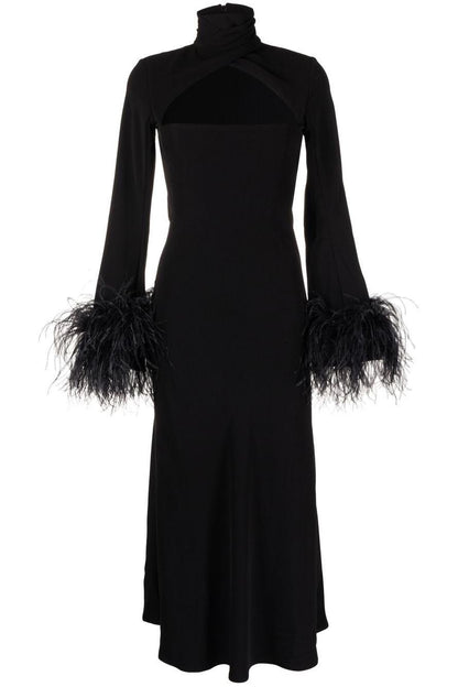 Feather Solid High Neck Midi Dress Black