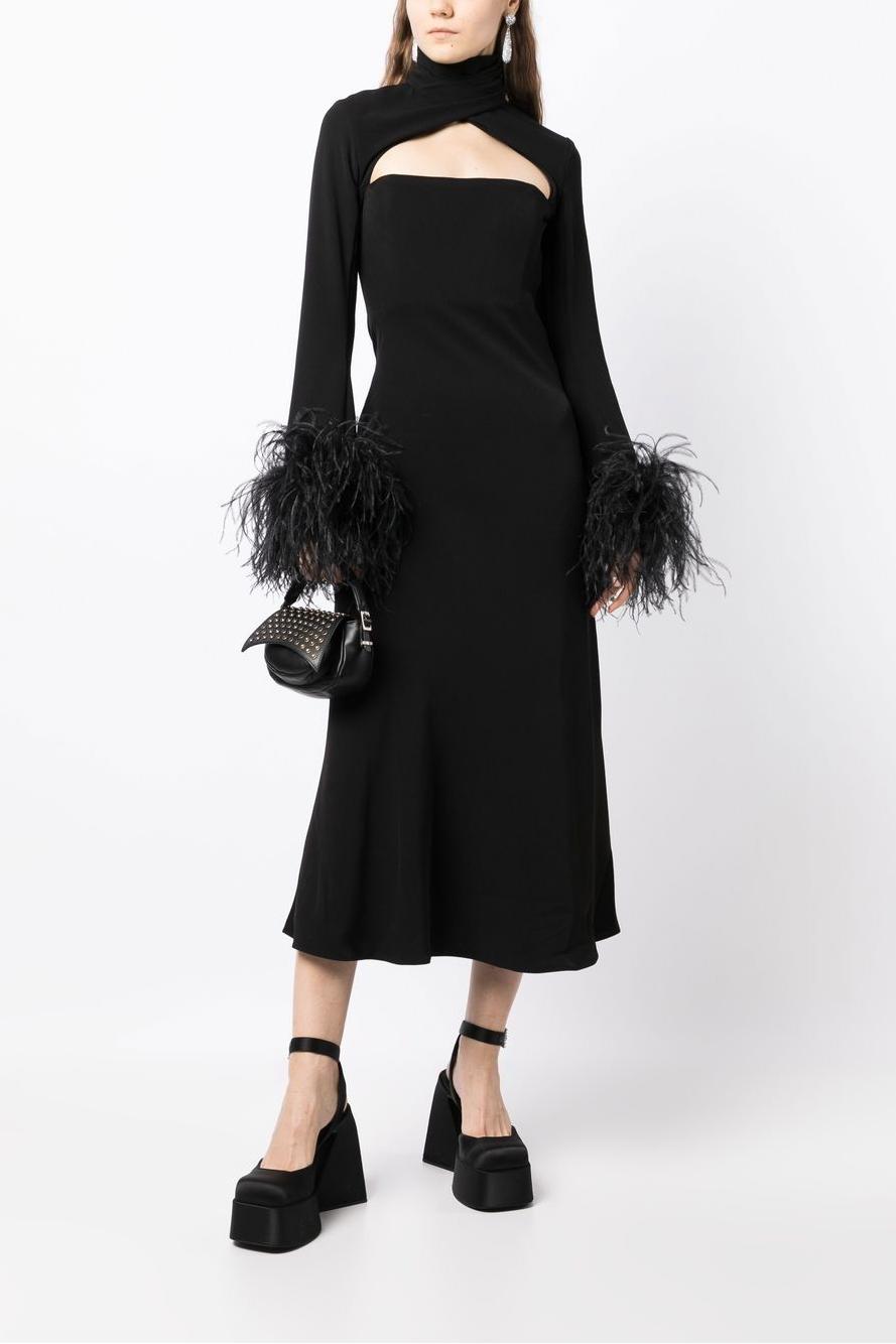 Feather Solid High Neck Midi Dress Black