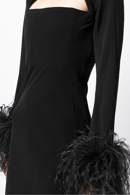 Feather Solid High Neck Midi Dress Black
