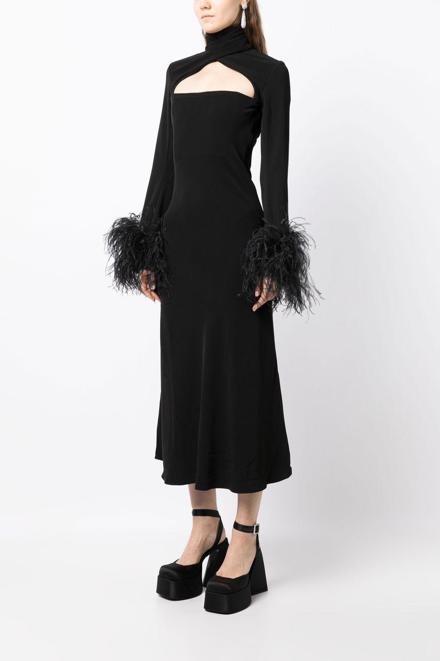 Feather Solid High Neck Midi Dress Black
