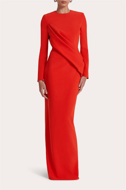 Solid Round Neck Long Sleeve Maxi Dress