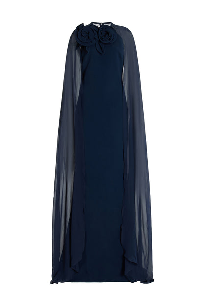 3D Flower Chiffon Cape Maxi Dress