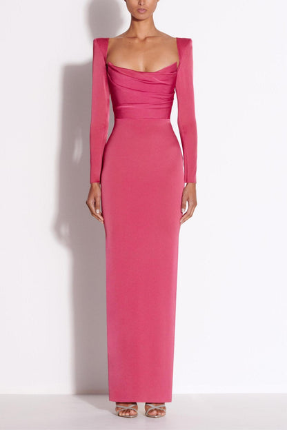 Satin Square Collar Long Sleeve Maxi Dress