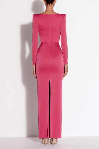 Satin Square Collar Long Sleeve Maxi Dress