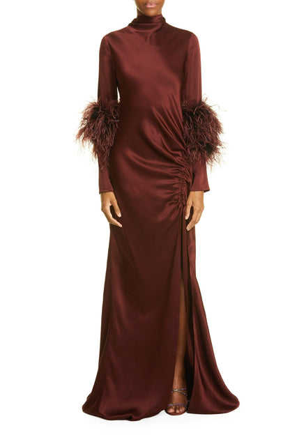 Satin Feather Ruched Maxi Dress