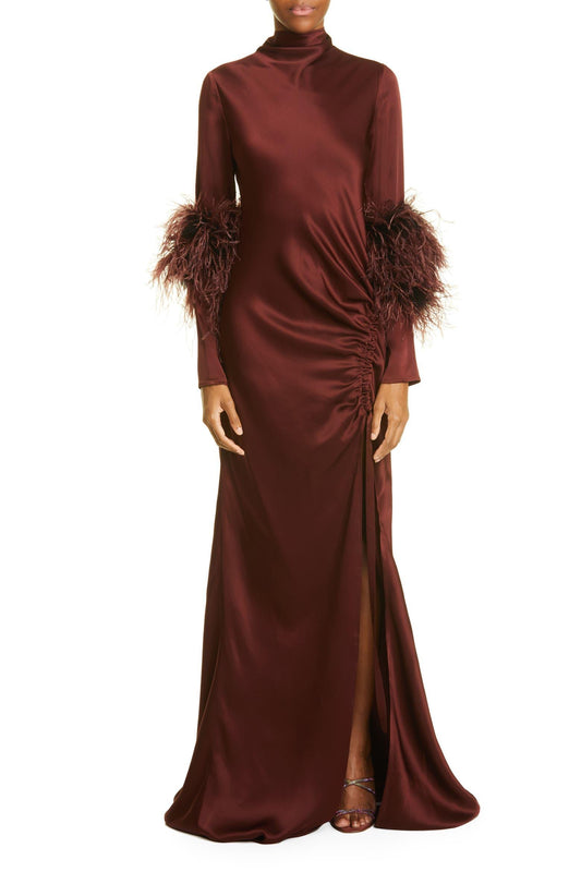 Satin Feather Ruched Maxi Dress