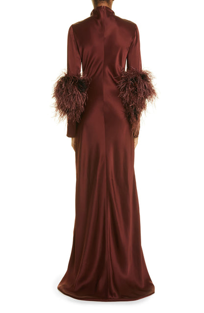 Satin Feather Ruched Maxi Dress