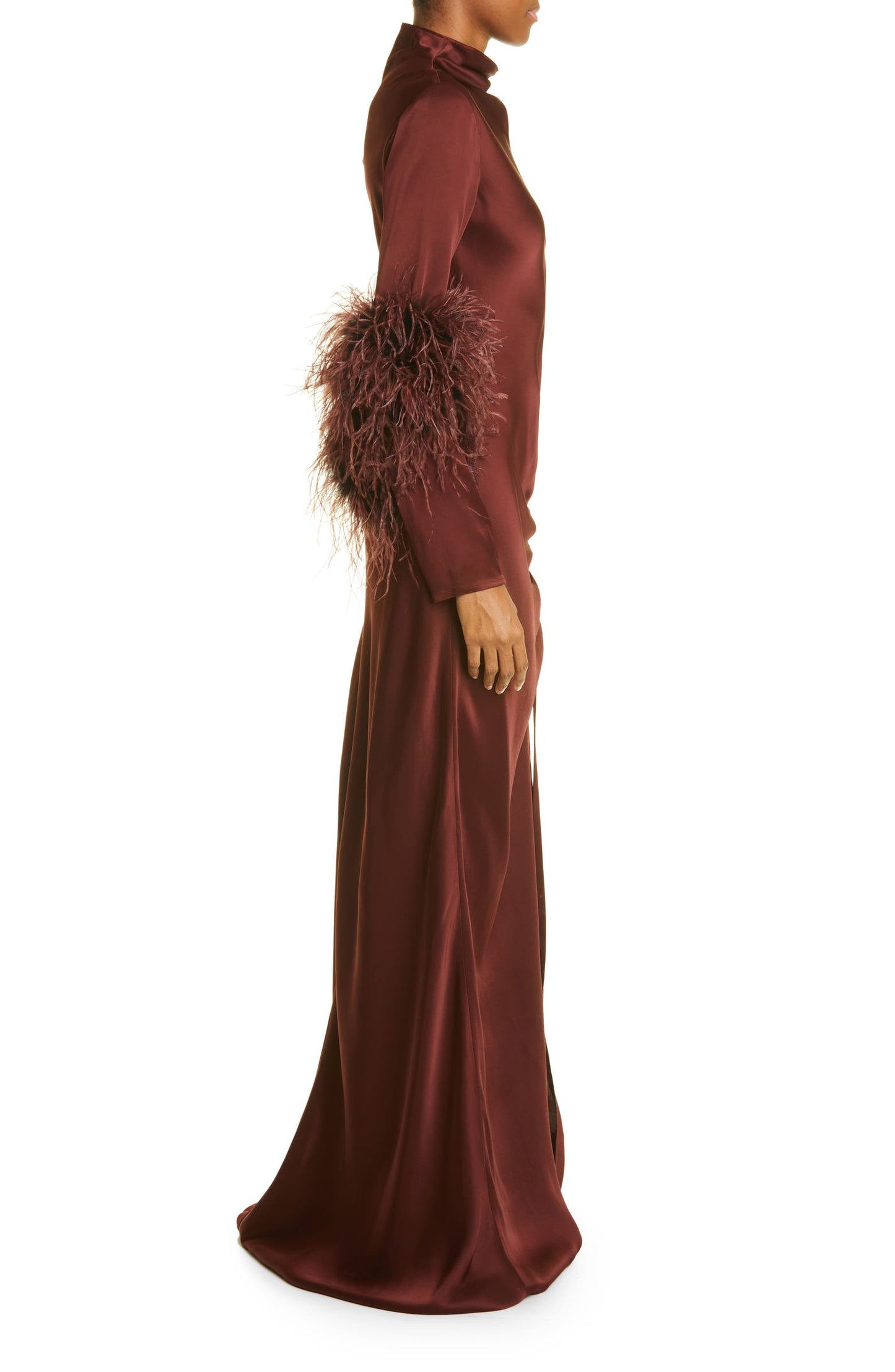 Satin Feather Ruched Maxi Dress