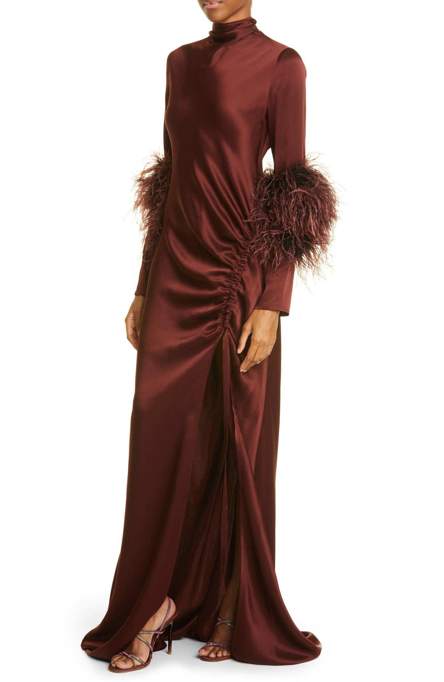 Satin Feather Ruched Maxi Dress