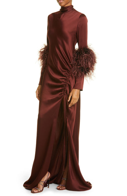 Satin Feather Ruched Maxi Dress