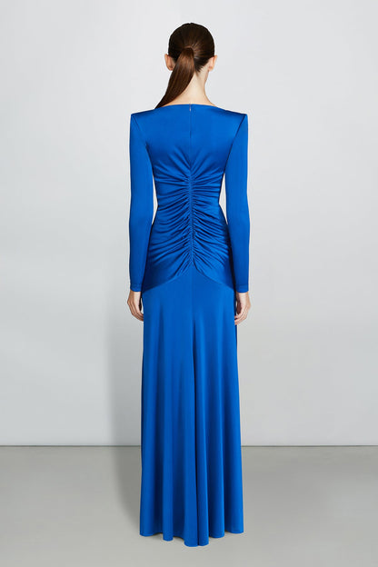 Solid Gathered Boat Neck Midi Dress