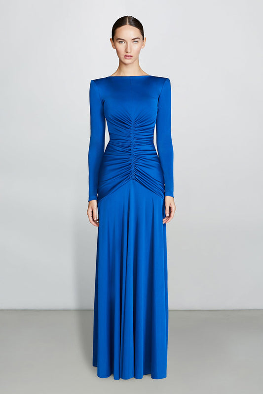 Solid Gathered Boat Neck Midi Dress