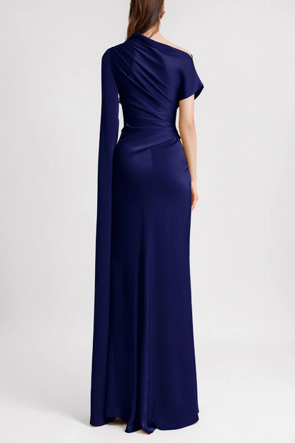 Satin Asymmetrical Neckline Draped Maxi Dress