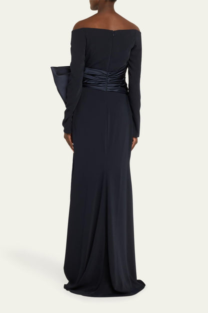 Solid Bow Long Sleeve Off-Shoulder Maxi Dress