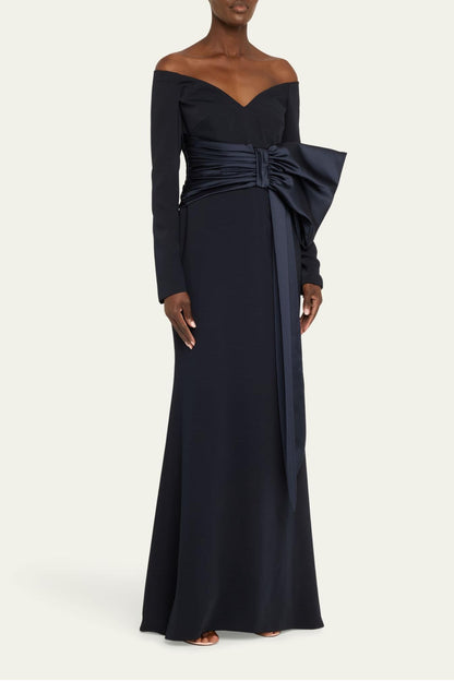 Solid Bow Long Sleeve Off-Shoulder Maxi Dress