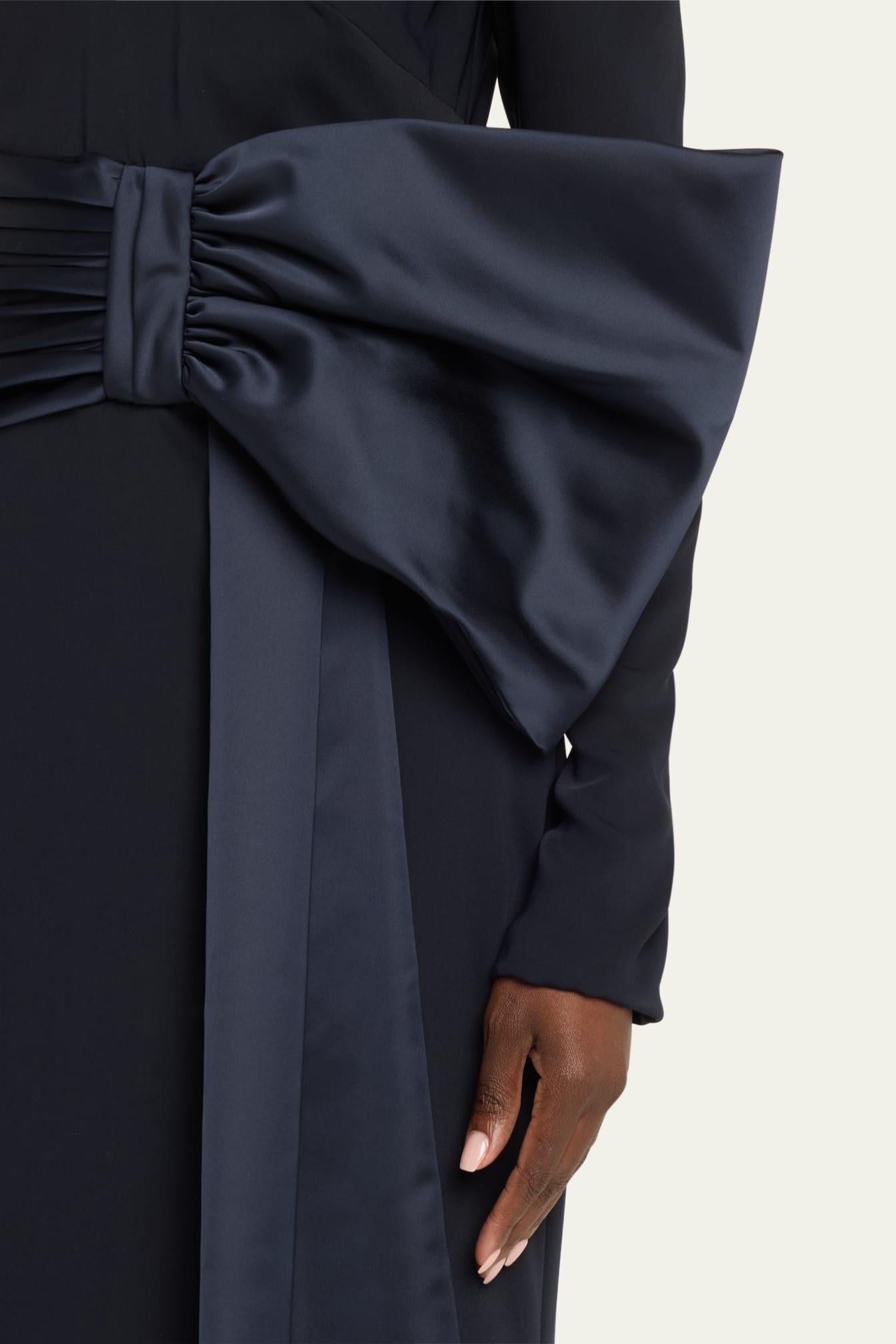 Solid Bow Long Sleeve Off-Shoulder Maxi Dress