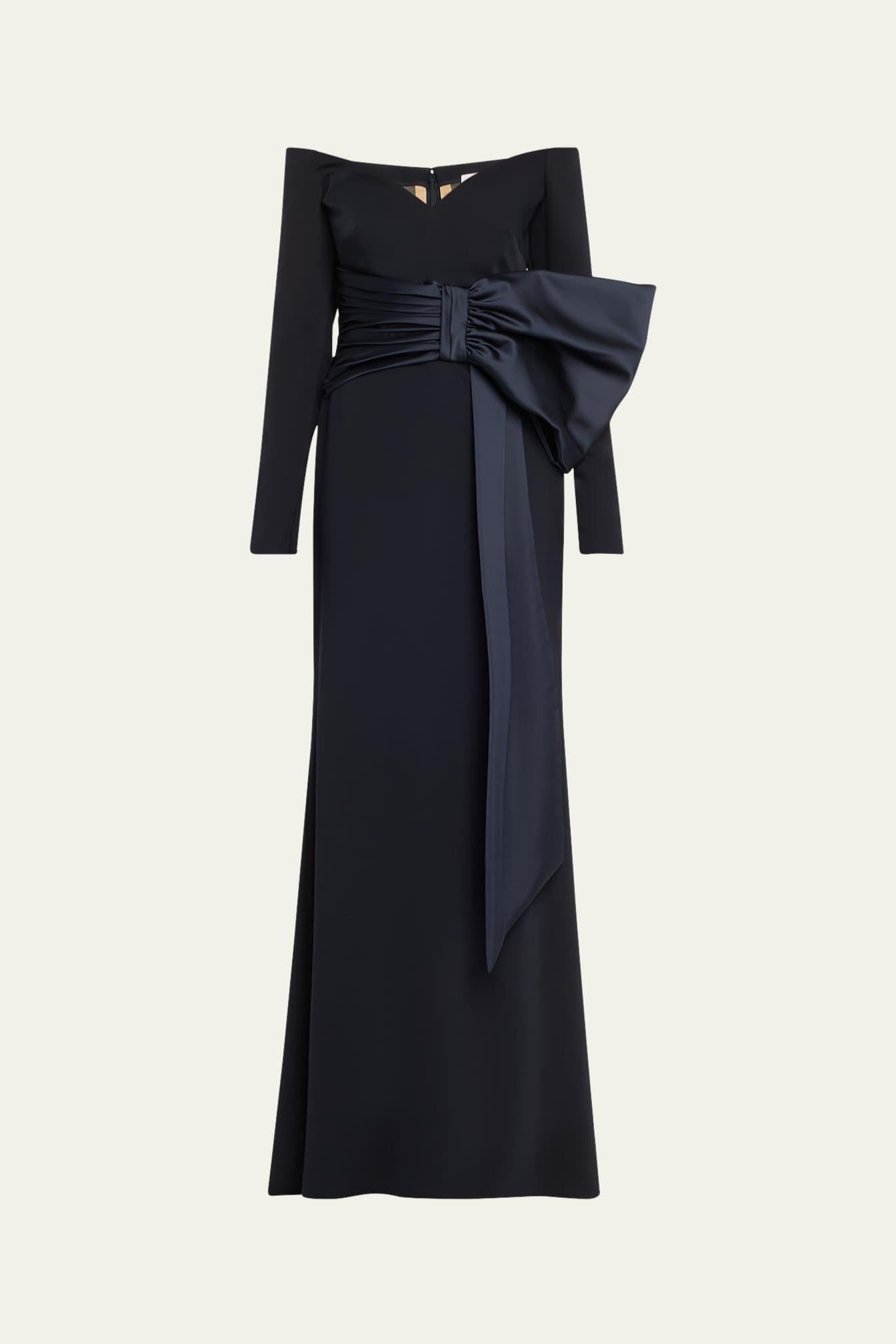 Solid Bow Long Sleeve Off-Shoulder Maxi Dress