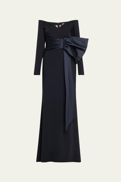 Solid Bow Long Sleeve Off-Shoulder Maxi Dress
