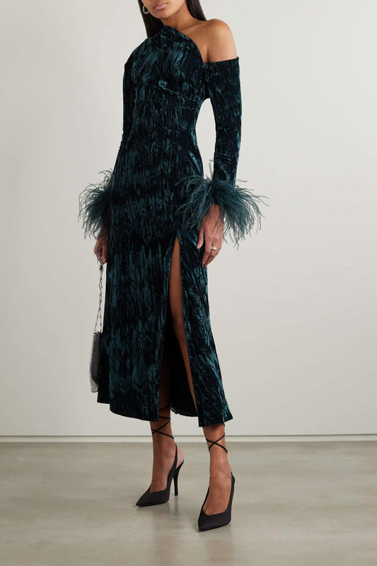 Feather One-Shoulder Long Sleeve Midi Dress