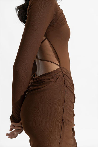 Solid Gathering Long Sleeve Maxi Dress